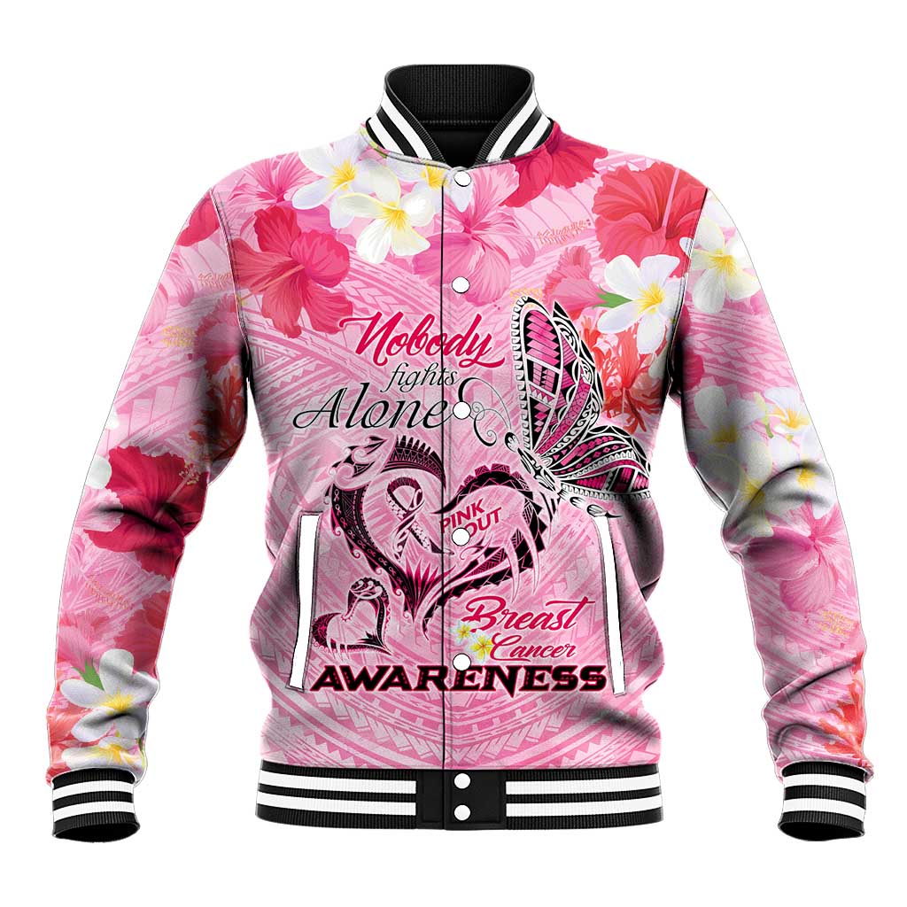 Butterfly Polynesia Breast Cancer Baseball Jacket Nobody Fights Alone Pink Out Tropical Hibiscus DT02 Unisex Pink - Polynesian Pride