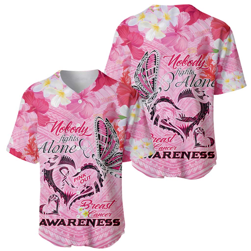 Butterfly Polynesia Breast Cancer Baseball Jersey Nobody Fights Alone Pink Out Tropical Hibiscus DT02 - Polynesian Pride