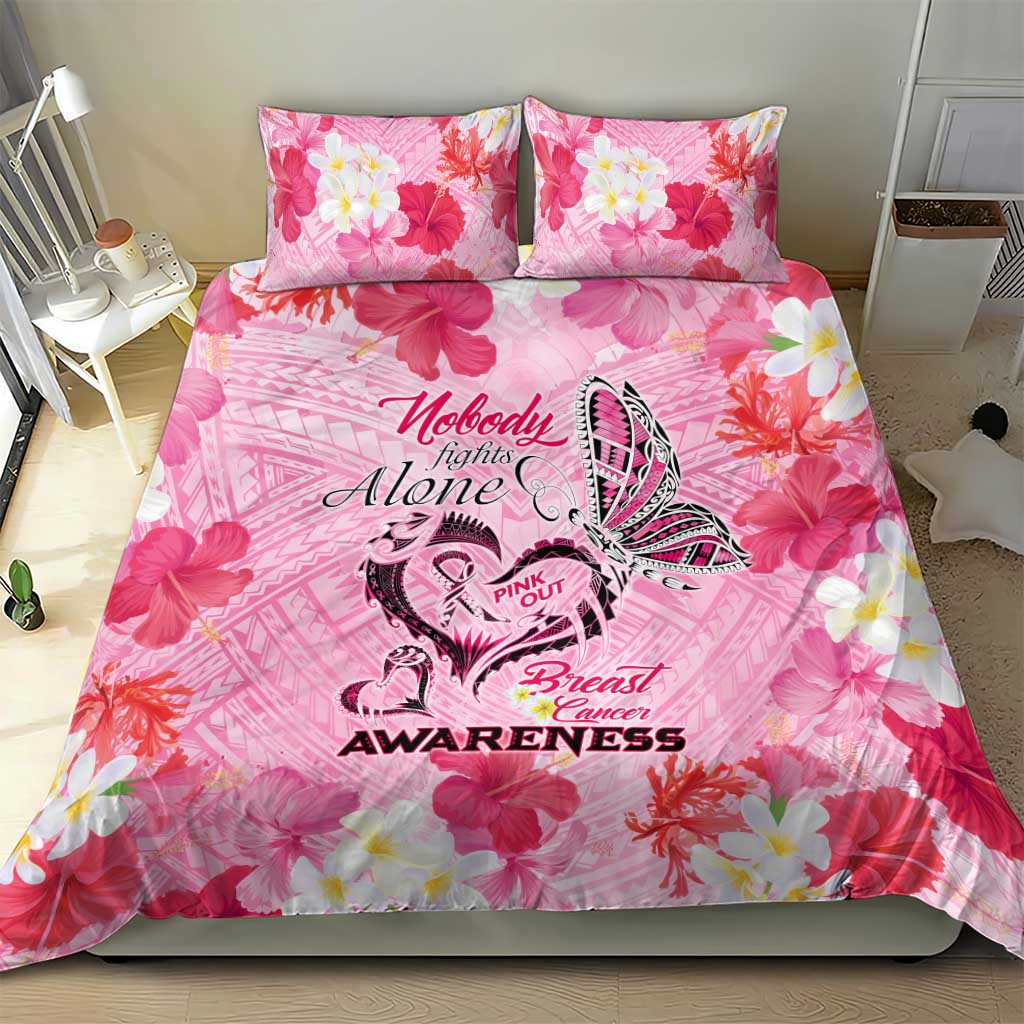 Butterfly Polynesia Breast Cancer Bedding Set Nobody Fights Alone Pink Out Tropical Hibiscus