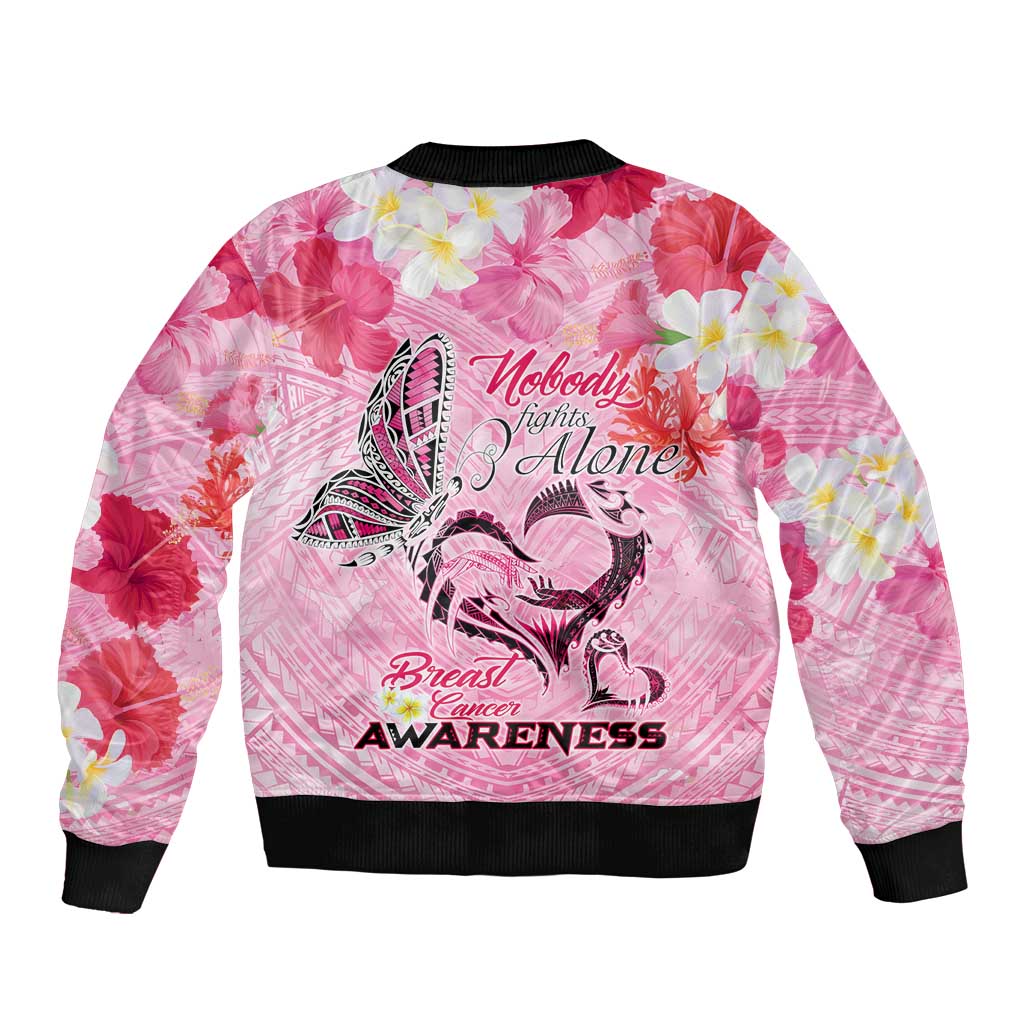 Butterfly Polynesia Breast Cancer Bomber Jacket Nobody Fights Alone Pink Out Tropical Hibiscus