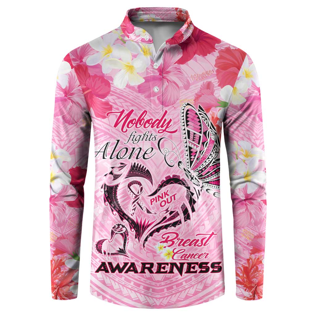 Butterfly Polynesia Breast Cancer Button Sweatshirt Nobody Fights Alone Pink Out Tropical Hibiscus