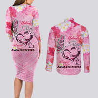Butterfly Polynesia Breast Cancer Couples Matching Long Sleeve Bodycon Dress and Long Sleeve Button Shirt Nobody Fights Alone Pink Out Tropical Hibiscus