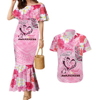 Butterfly Polynesia Breast Cancer Couples Matching Mermaid Dress and Hawaiian Shirt Nobody Fights Alone Pink Out Tropical Hibiscus