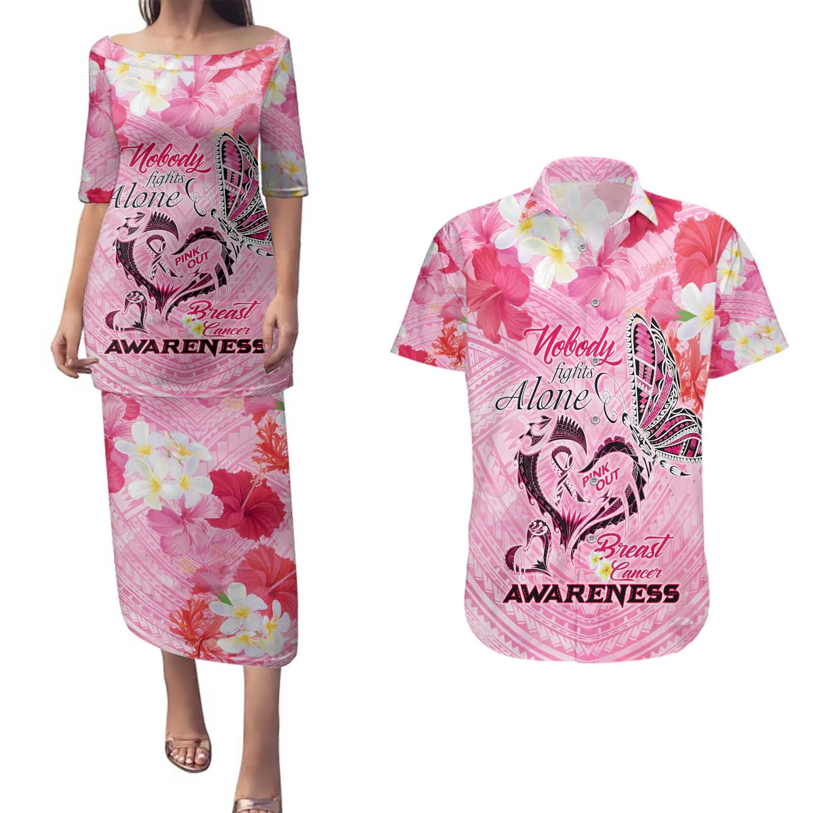 Butterfly Polynesia Breast Cancer Couples Matching Puletasi and Hawaiian Shirt Nobody Fights Alone Pink Out Tropical Hibiscus