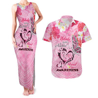 Butterfly Polynesia Breast Cancer Couples Matching Tank Maxi Dress and Hawaiian Shirt Nobody Fights Alone Pink Out Tropical Hibiscus