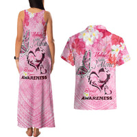 Butterfly Polynesia Breast Cancer Couples Matching Tank Maxi Dress and Hawaiian Shirt Nobody Fights Alone Pink Out Tropical Hibiscus