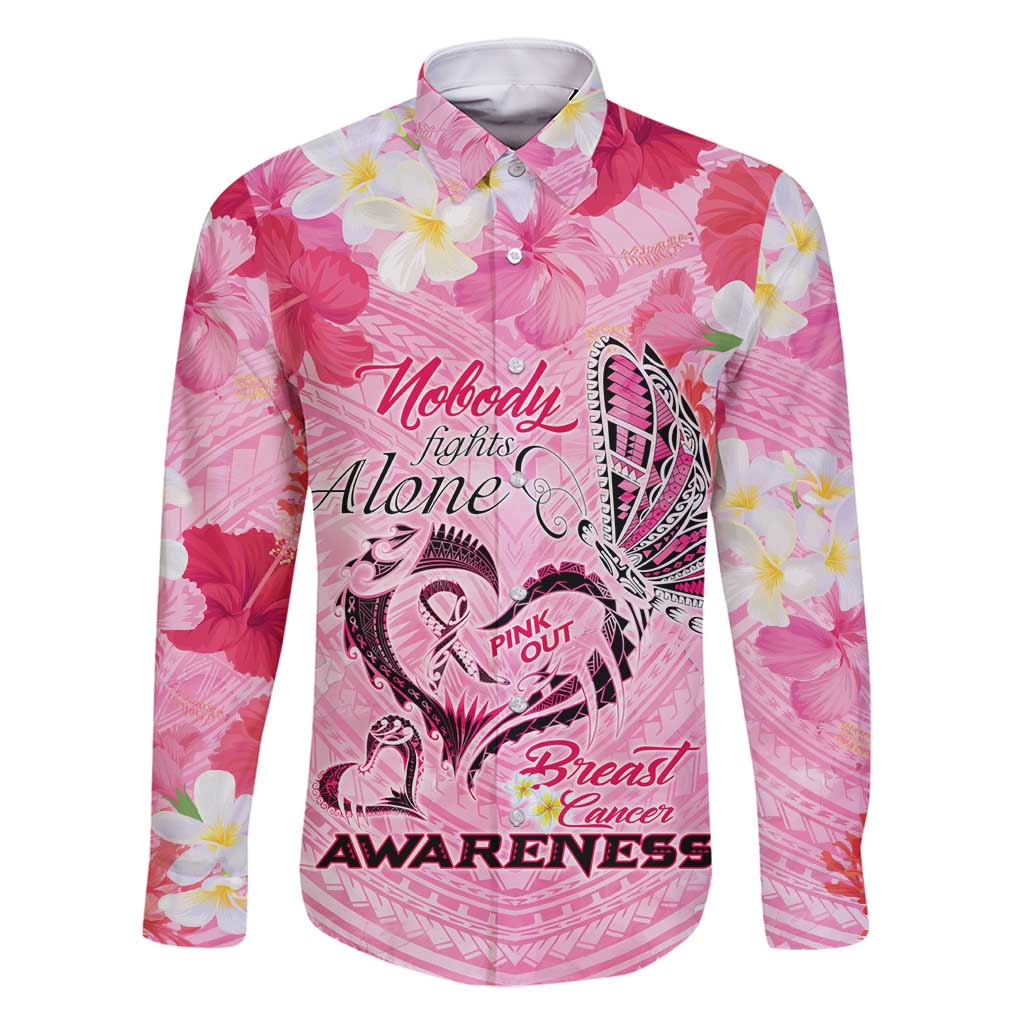 Butterfly Polynesia Breast Cancer Family Matching Long Sleeve Bodycon Dress and Hawaiian Shirt Nobody Fights Alone Pink Out Tropical Hibiscus