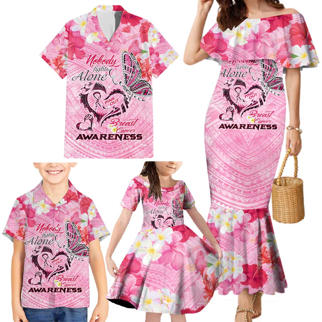 Butterfly Polynesia Breast Cancer Family Matching Mermaid Dress and Hawaiian Shirt Nobody Fights Alone Pink Out Tropical Hibiscus