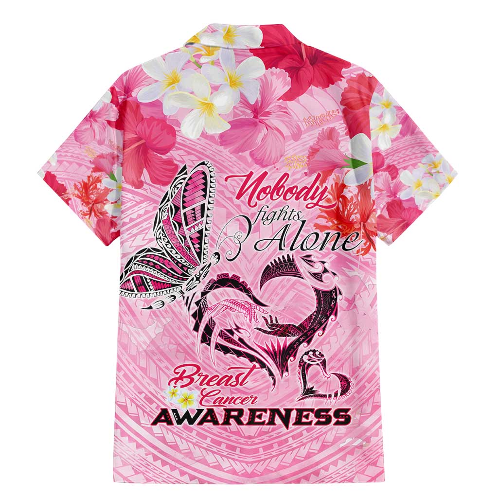 Butterfly Polynesia Breast Cancer Family Matching Mermaid Dress and Hawaiian Shirt Nobody Fights Alone Pink Out Tropical Hibiscus