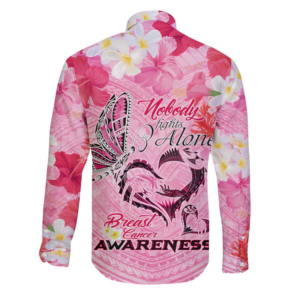 Butterfly Polynesia Breast Cancer Family Matching Mermaid Dress and Hawaiian Shirt Nobody Fights Alone Pink Out Tropical Hibiscus
