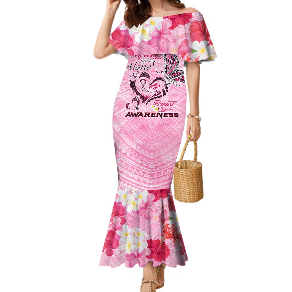 Butterfly Polynesia Breast Cancer Family Matching Mermaid Dress and Hawaiian Shirt Nobody Fights Alone Pink Out Tropical Hibiscus