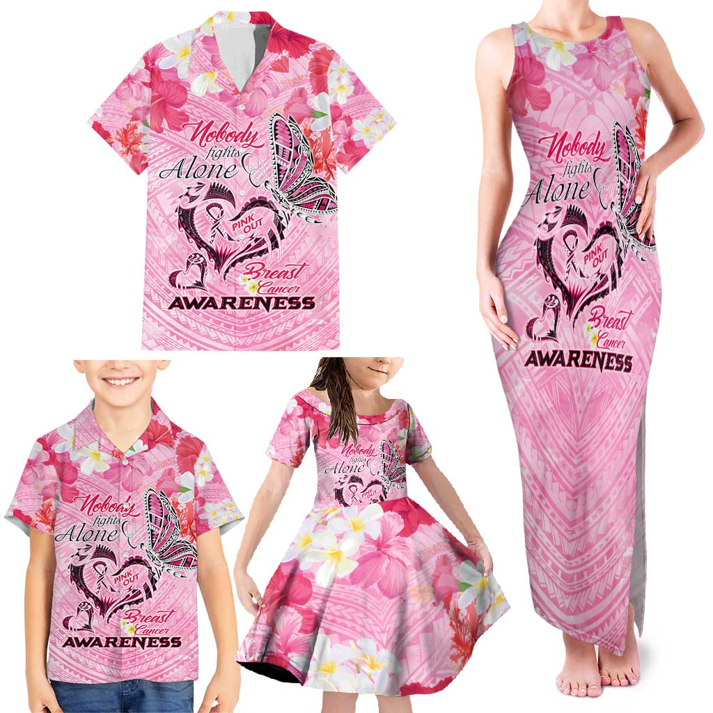Butterfly Polynesia Breast Cancer Family Matching Tank Maxi Dress and Hawaiian Shirt Nobody Fights Alone Pink Out Tropical Hibiscus