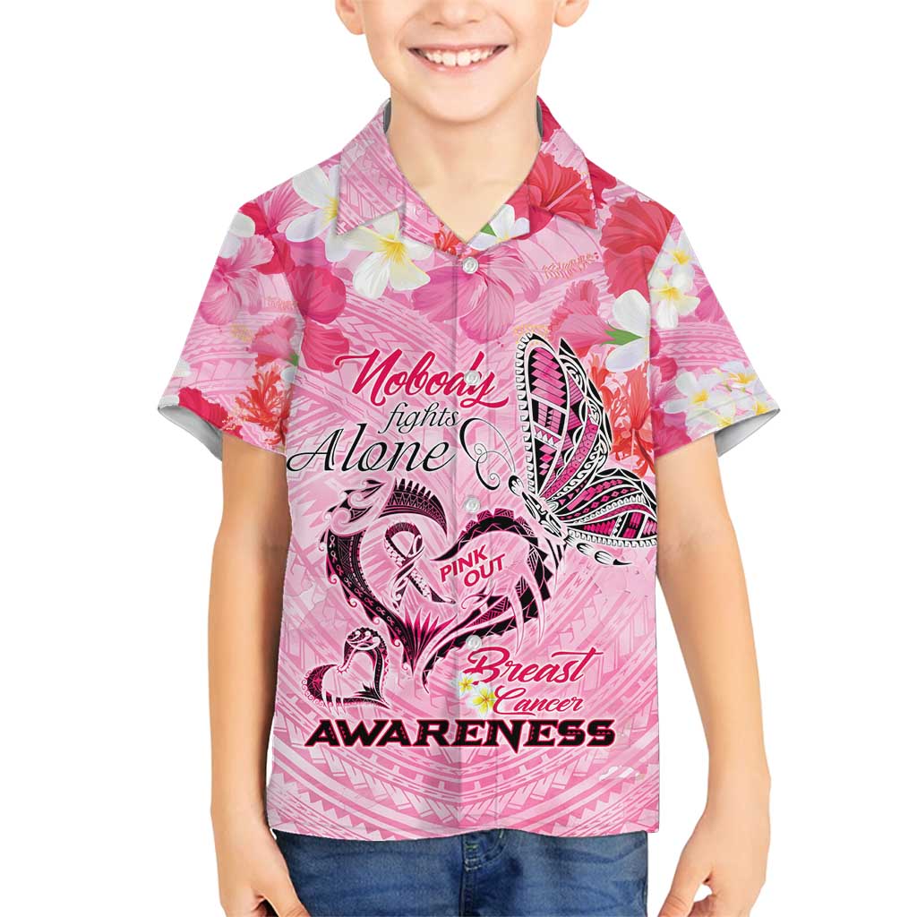 Butterfly Polynesia Breast Cancer Family Matching Tank Maxi Dress and Hawaiian Shirt Nobody Fights Alone Pink Out Tropical Hibiscus