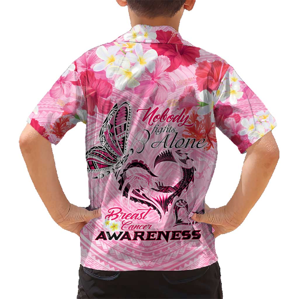 Butterfly Polynesia Breast Cancer Hawaiian Shirt Nobody Fights Alone Pink Out Tropical Hibiscus