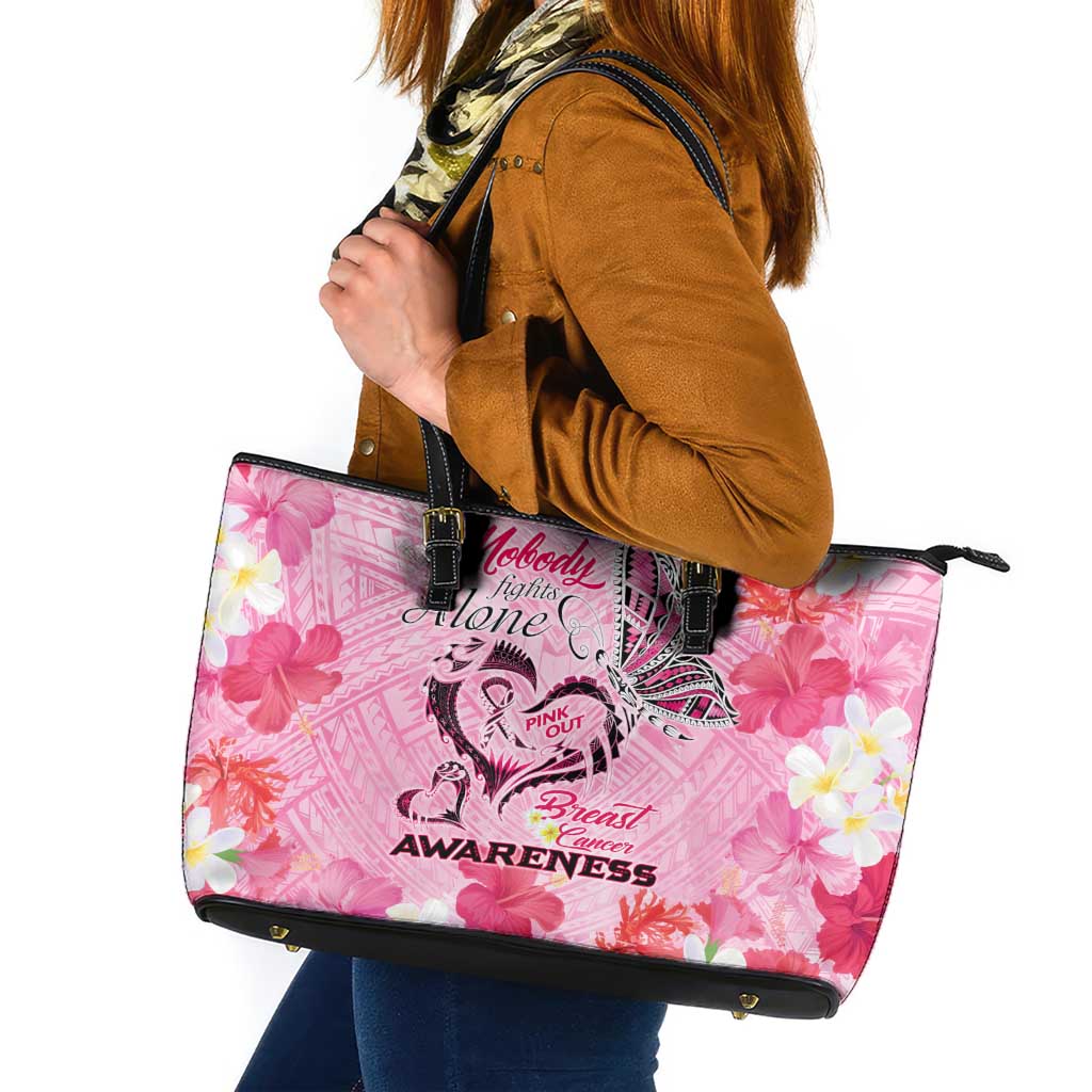 Butterfly Polynesia Breast Cancer Leather Tote Bag Nobody Fights Alone Pink Out Tropical Hibiscus
