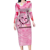 Butterfly Polynesia Breast Cancer Long Sleeve Bodycon Dress Nobody Fights Alone Pink Out Tropical Hibiscus