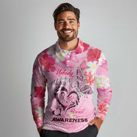 Butterfly Polynesia Breast Cancer Long Sleeve Polo Shirt Nobody Fights Alone Pink Out Tropical Hibiscus