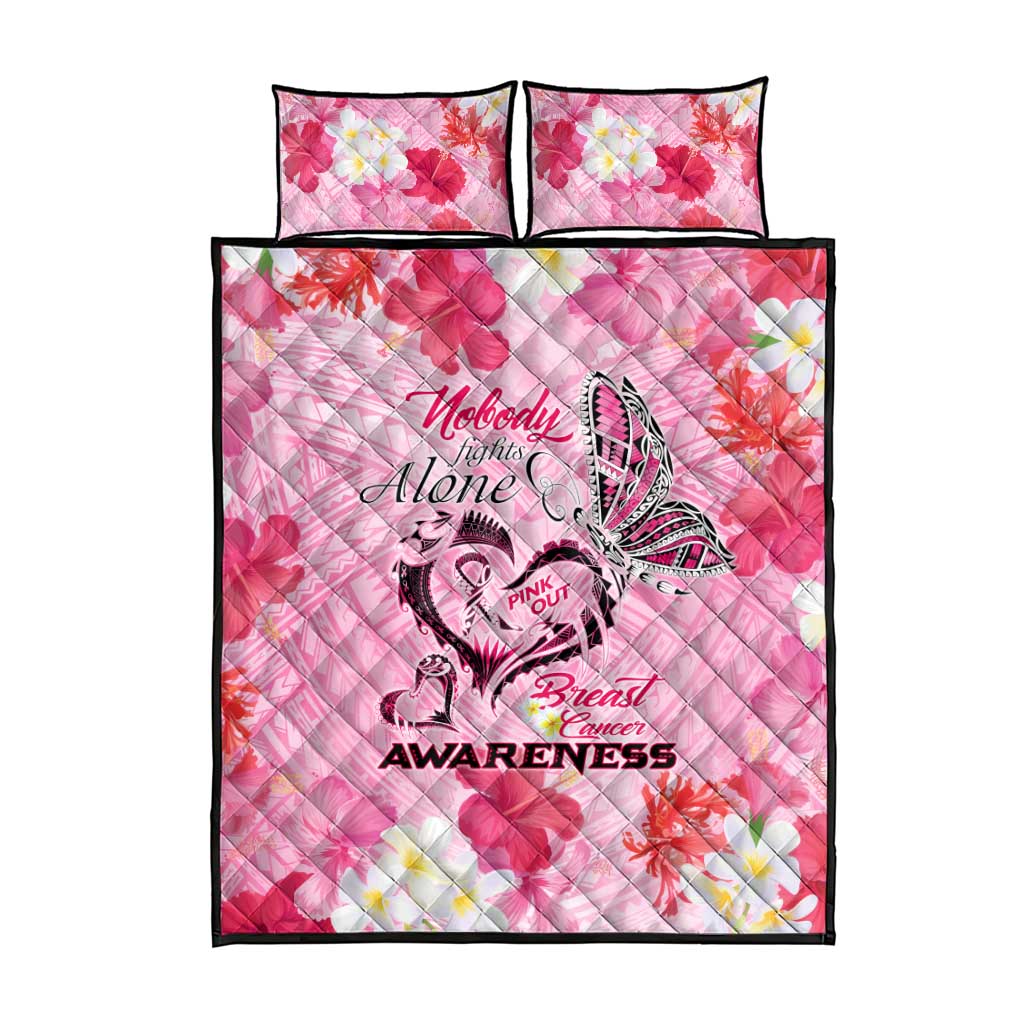 Butterfly Polynesia Breast Cancer Quilt Bed Set Nobody Fights Alone Pink Out Tropical Hibiscus