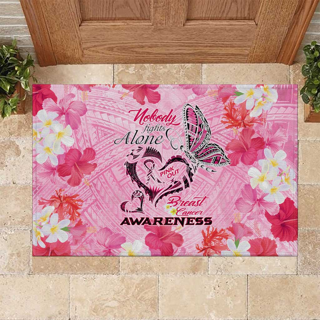 Butterfly Polynesia Breast Cancer Rubber Doormat Nobody Fights Alone Pink Out Tropical Hibiscus DT02 Pink - Polynesian Pride