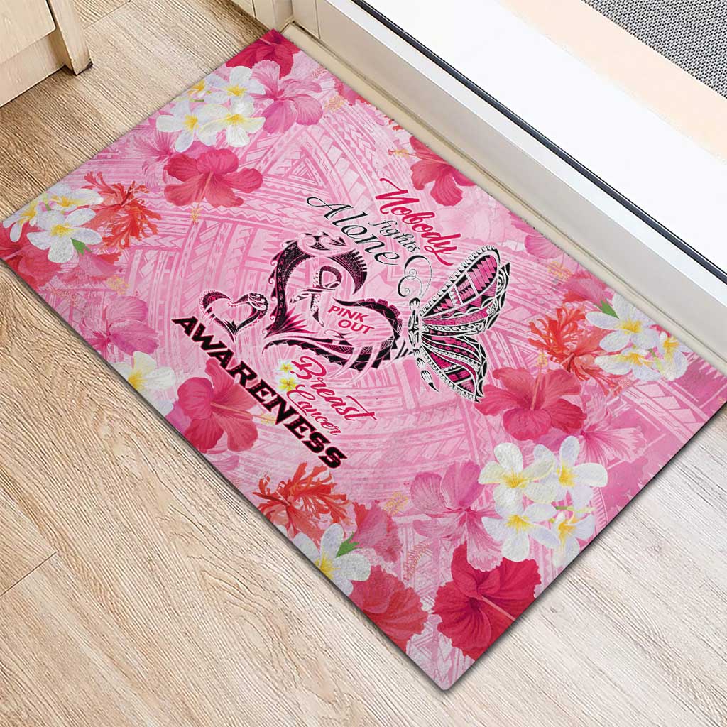 Butterfly Polynesia Breast Cancer Rubber Doormat Nobody Fights Alone Pink Out Tropical Hibiscus DT02 - Polynesian Pride