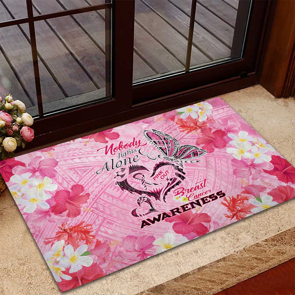 Butterfly Polynesia Breast Cancer Rubber Doormat Nobody Fights Alone Pink Out Tropical Hibiscus DT02 - Polynesian Pride