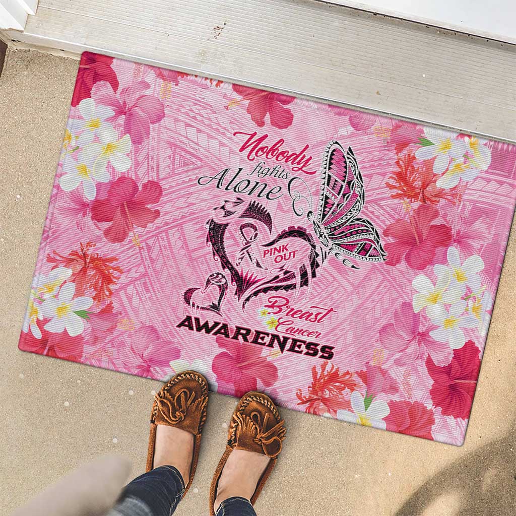 Butterfly Polynesia Breast Cancer Rubber Doormat Nobody Fights Alone Pink Out Tropical Hibiscus DT02 - Polynesian Pride