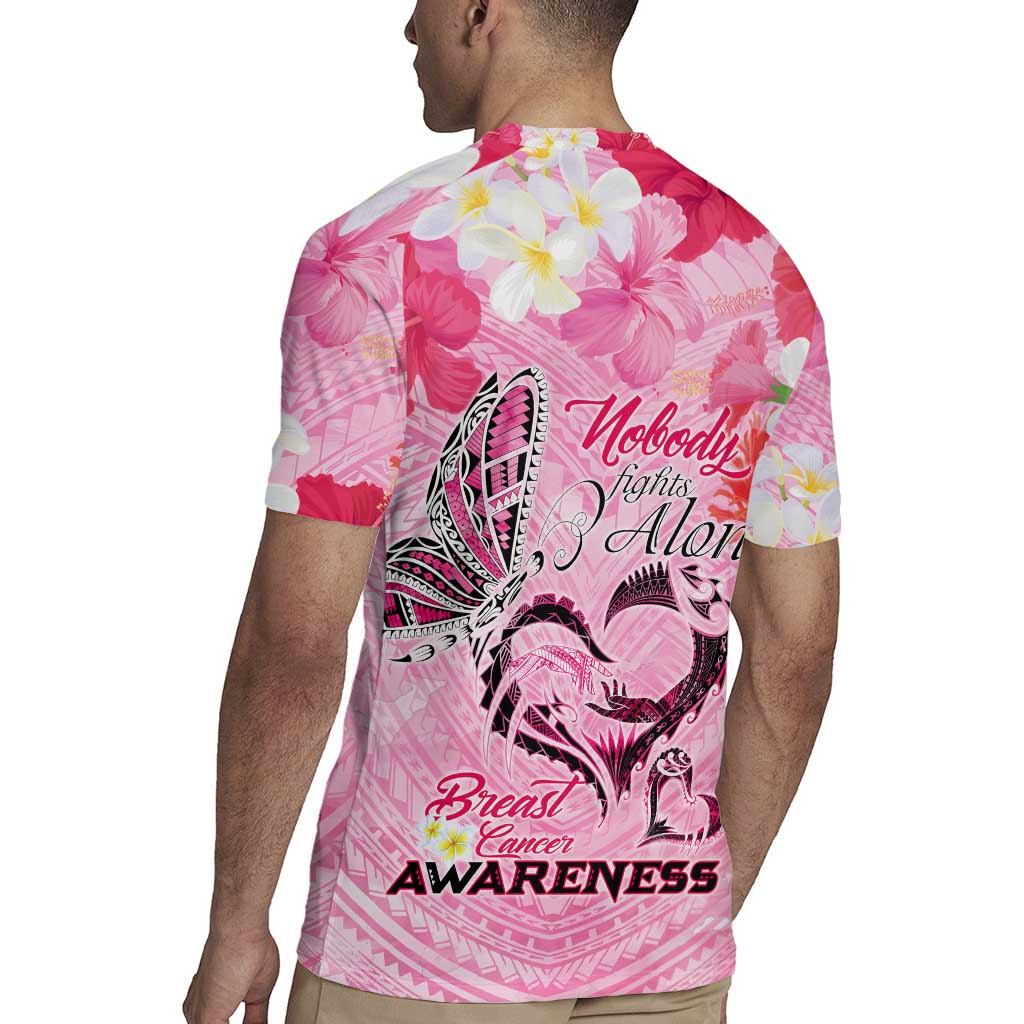 Butterfly Polynesia Breast Cancer Rugby Jersey Nobody Fights Alone Pink Out Tropical Hibiscus