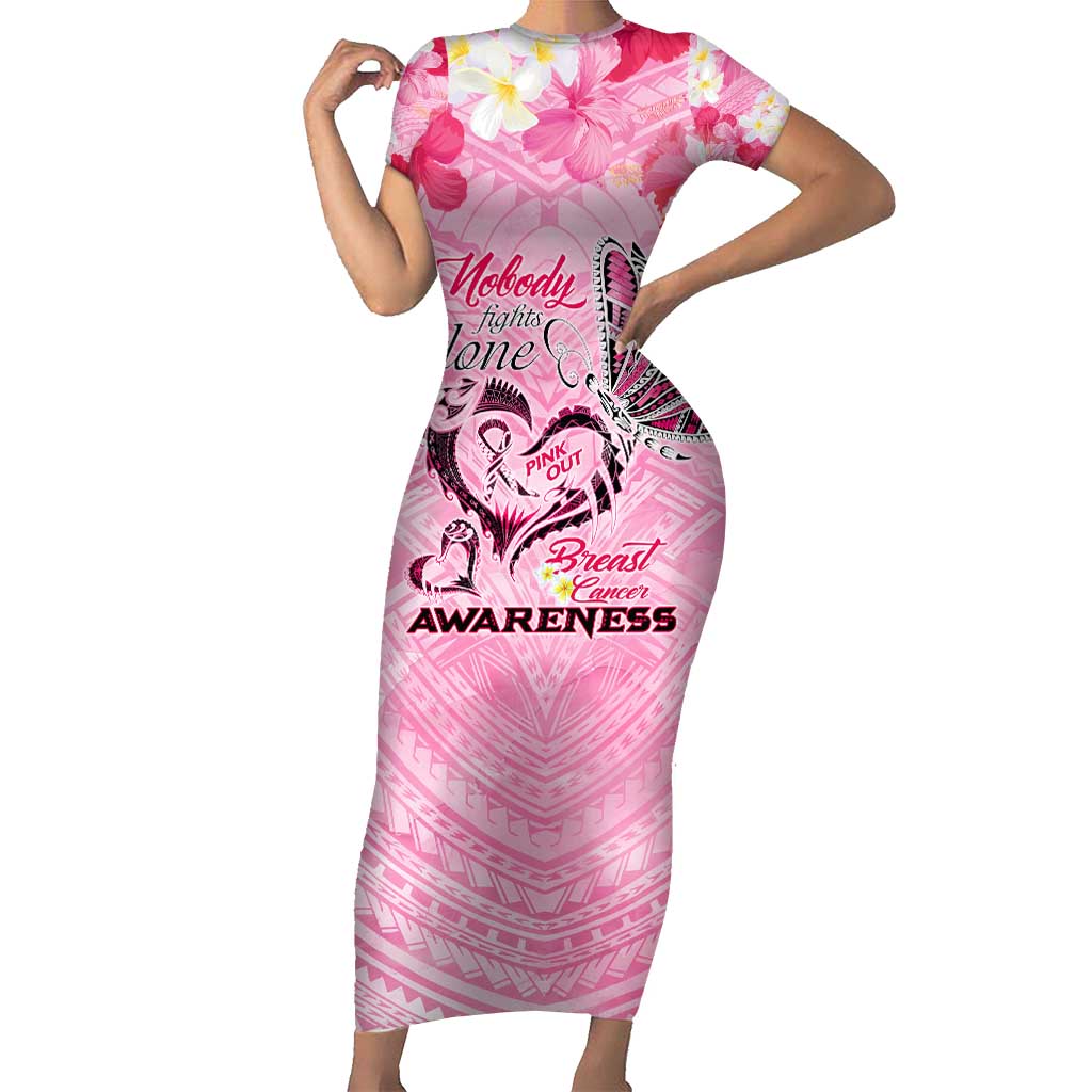Butterfly Polynesia Breast Cancer Short Sleeve Bodycon Dress Nobody Fights Alone Pink Out Tropical Hibiscus