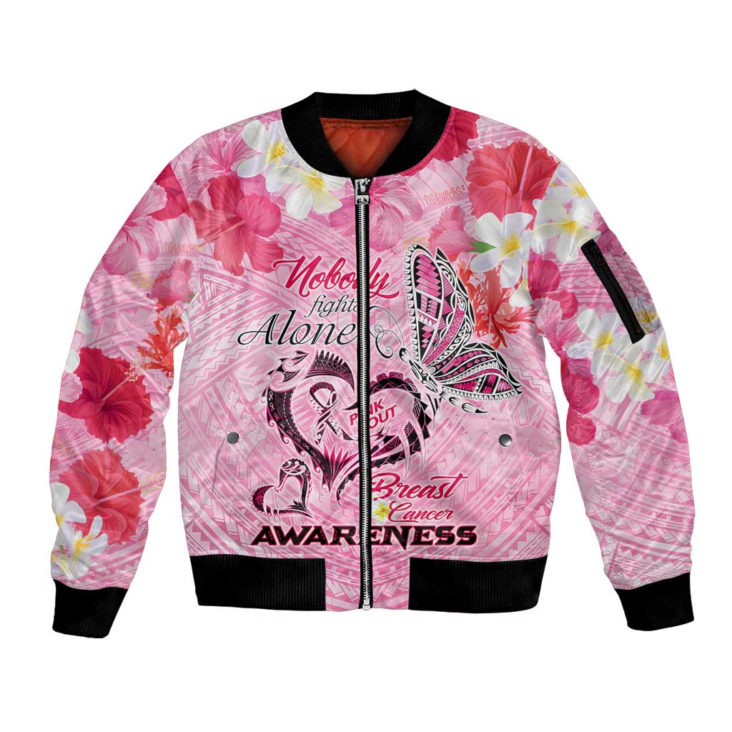 Butterfly Polynesia Breast Cancer Sleeve Zip Bomber Jacket Nobody Fights Alone Pink Out Tropical Hibiscus