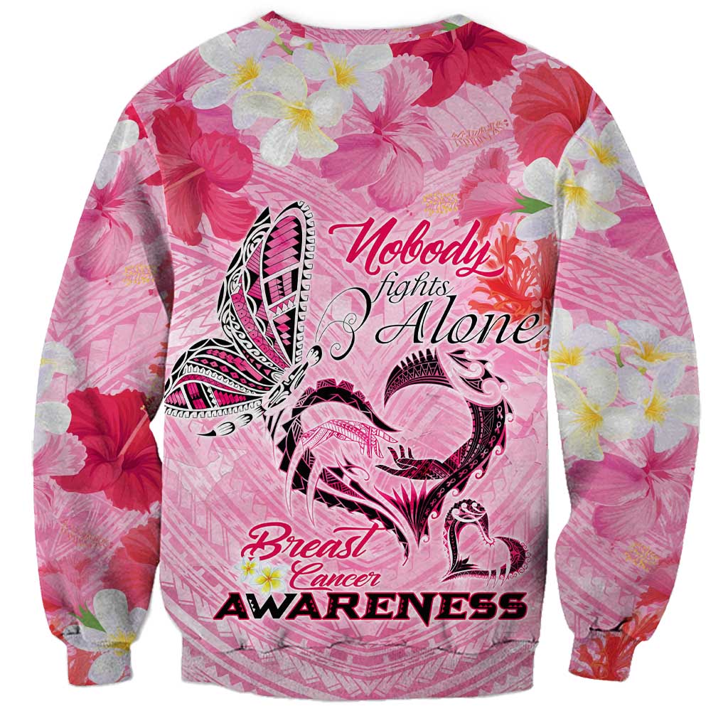 Butterfly Polynesia Breast Cancer Sweatshirt Nobody Fights Alone Pink Out Tropical Hibiscus