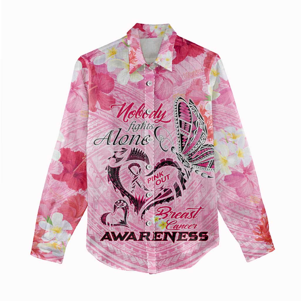Butterfly Polynesia Breast Cancer Women Casual Shirt Nobody Fights Alone Pink Out Tropical Hibiscus