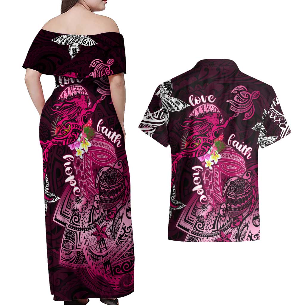 Breast Cancer Mermaid Polynesia Couples Matching Off Shoulder Maxi Dress and Hawaiian Shirt Faith Hope Love