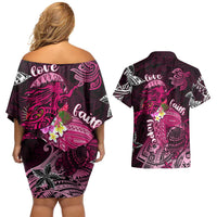 Breast Cancer Mermaid Polynesia Couples Matching Off Shoulder Short Dress and Hawaiian Shirt Faith Hope Love