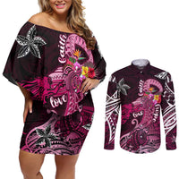 Breast Cancer Mermaid Polynesia Couples Matching Off Shoulder Short Dress and Long Sleeve Button Shirt Faith Hope Love