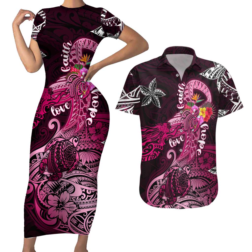 Breast Cancer Mermaid Polynesia Couples Matching Short Sleeve Bodycon Dress and Hawaiian Shirt Faith Hope Love