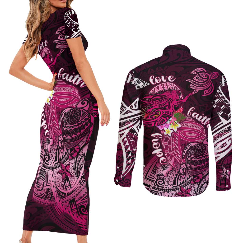 Breast Cancer Mermaid Polynesia Couples Matching Short Sleeve Bodycon Dress and Long Sleeve Button Shirt Faith Hope Love