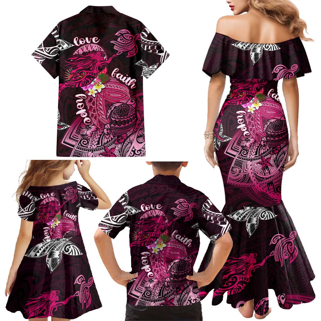 Breast Cancer Mermaid Polynesia Family Matching Mermaid Dress and Hawaiian Shirt Faith Hope Love
