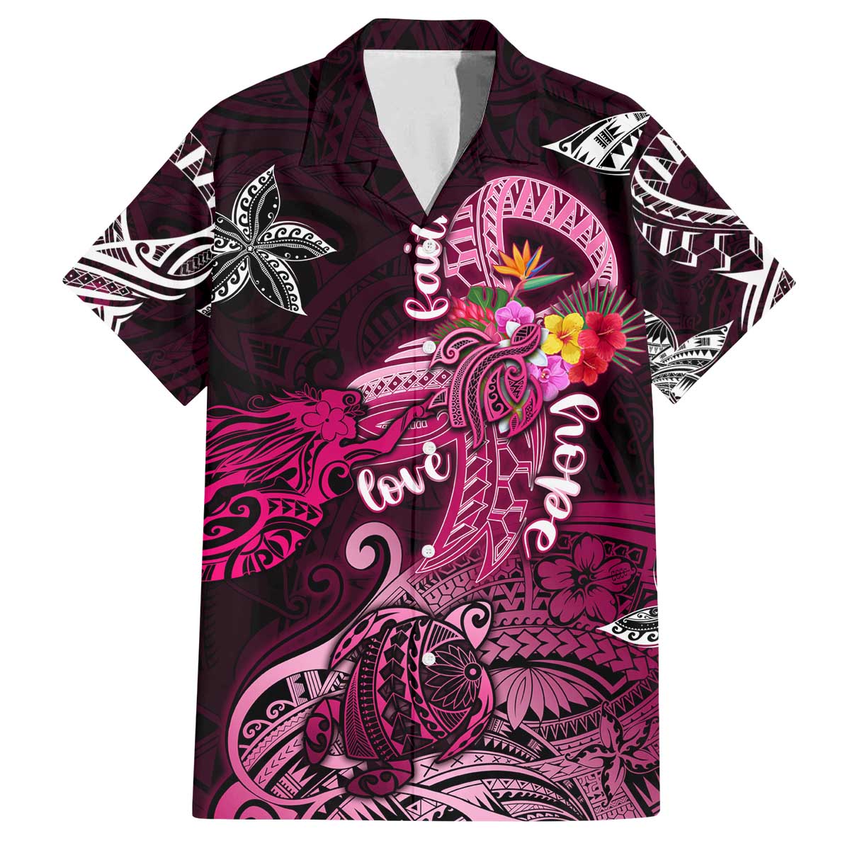 Breast Cancer Mermaid Polynesia Family Matching Off The Shoulder Long Sleeve Dress and Hawaiian Shirt Faith Hope Love