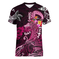 Breast Cancer Mermaid Polynesia Women V-Neck T-Shirt Faith Hope Love