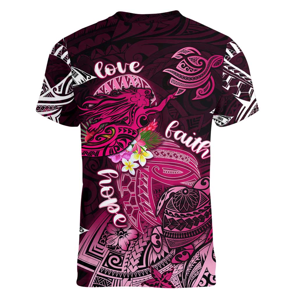 Breast Cancer Mermaid Polynesia Women V-Neck T-Shirt Faith Hope Love