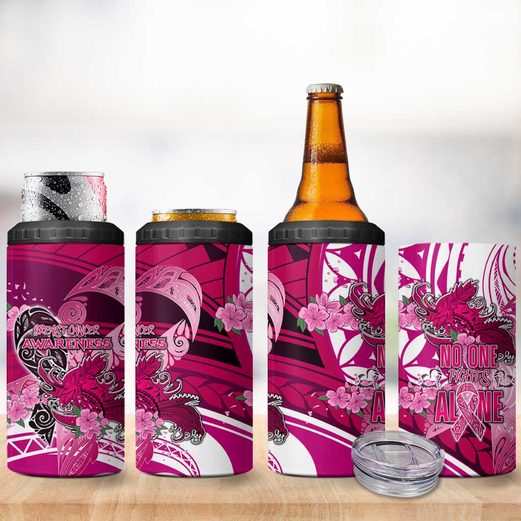 Breast Cancer Awareness Hawaii 4 in 1 Can Cooler Tumbler Polynesia Girl Nobody Fights Alone
