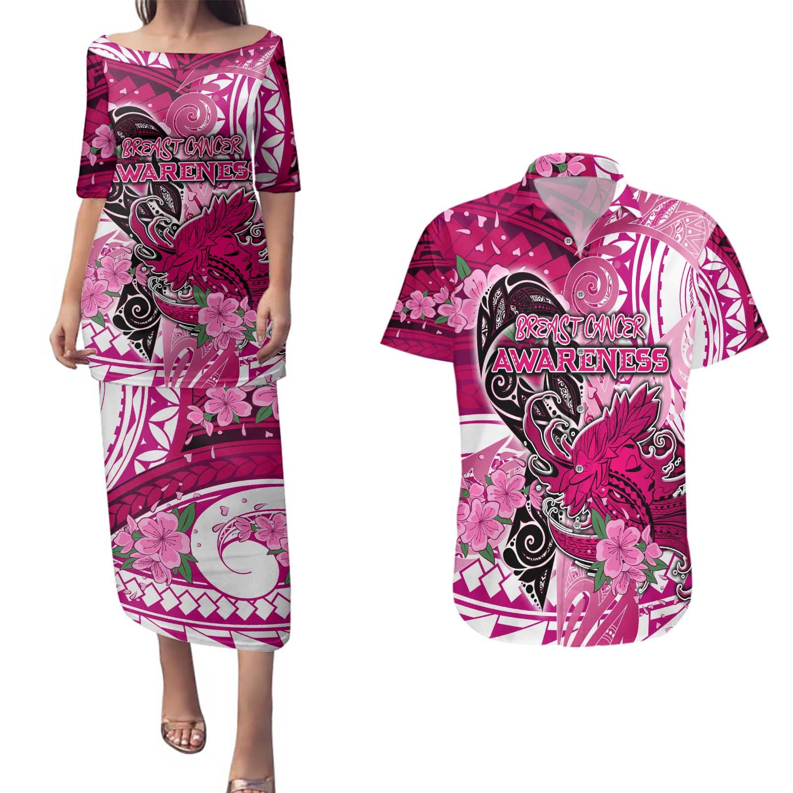Breast Cancer Awareness Hawaii Couples Matching Puletasi and Hawaiian Shirt Polynesia Girl Nobody Fights Alone