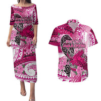 Breast Cancer Awareness Hawaii Couples Matching Puletasi and Hawaiian Shirt Polynesia Girl Nobody Fights Alone