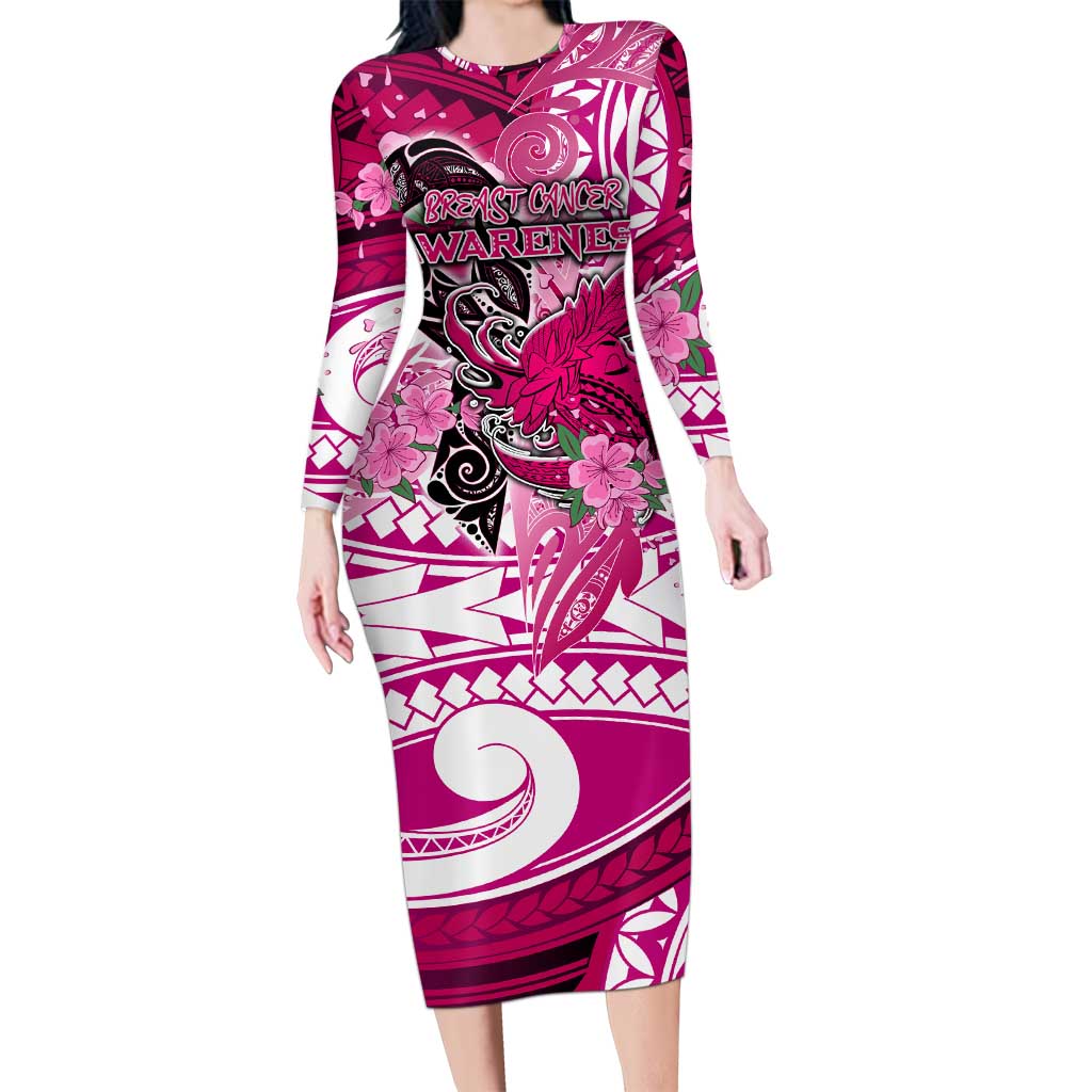 Breast Cancer Awareness Hawaii Family Matching Long Sleeve Bodycon Dress and Hawaiian Shirt Polynesia Girl Nobody Fights Alone