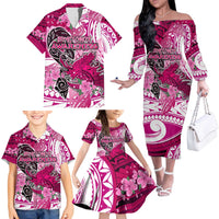 Breast Cancer Awareness Hawaii Family Matching Off The Shoulder Long Sleeve Dress and Hawaiian Shirt Polynesia Girl Nobody Fights Alone