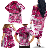 Breast Cancer Awareness Hawaii Family Matching Off The Shoulder Long Sleeve Dress and Hawaiian Shirt Polynesia Girl Nobody Fights Alone