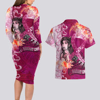 Breast Cancer New Zealand Couples Matching Long Sleeve Bodycon Dress and Hawaiian Shirt Maori Aotearoa Girl Pink Out