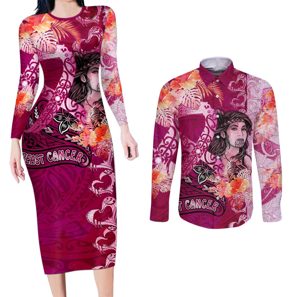 Breast Cancer New Zealand Couples Matching Long Sleeve Bodycon Dress and Long Sleeve Button Shirt Maori Aotearoa Girl Pink Out DT02 Pink - Polynesian Pride
