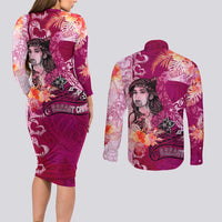 Breast Cancer New Zealand Couples Matching Long Sleeve Bodycon Dress and Long Sleeve Button Shirt Maori Aotearoa Girl Pink Out DT02 - Polynesian Pride
