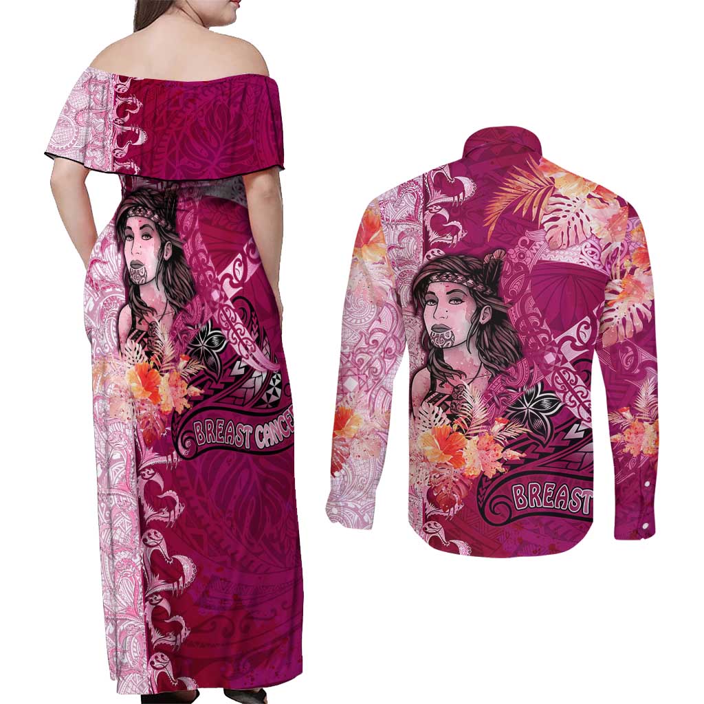 Breast Cancer New Zealand Couples Matching Off Shoulder Maxi Dress and Long Sleeve Button Shirt Maori Aotearoa Girl Pink Out